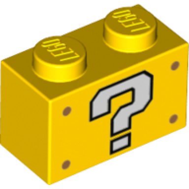 yellow brick 1 x 2 with white question mark pattern