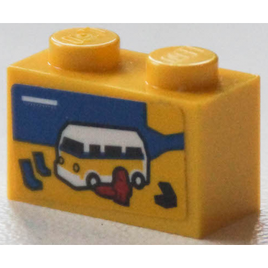yellow brick 1 x 2 with camper van on beach with red minifigure silhouette pattern sticker - set 40346