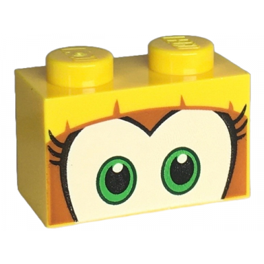 yellow brick 1 x 2 with green and white eyes with long black eyelashes on dark orange background pattern super mario dixie kong upper face