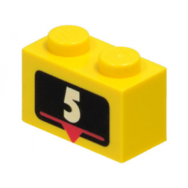 yellow brick 1 x 2 with white number 5 and red triangle marker on black background pattern
