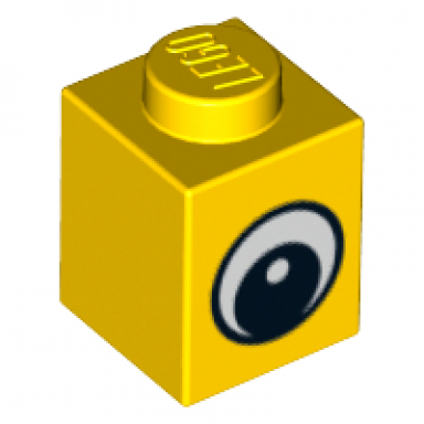 yellow brick 1 x 1 with black and white eye with pupil pattern
