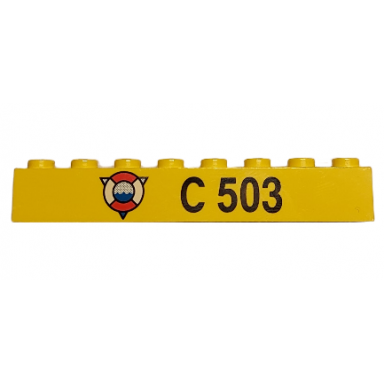 yellow brick 1 x 8 with coast guard logo on triangle and black c 503 pattern