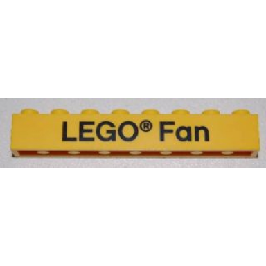 yellow brick 1 x 8 with black lego fan text pattern on front and anno 1958 text pattern on back