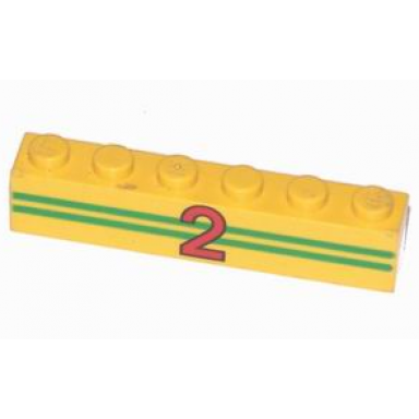 yellow brick 1 x 6 with red number 2 on green stripes pattern