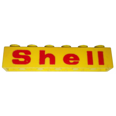 yellow brick 1 x 6 with red shell wide with rounded e pattern