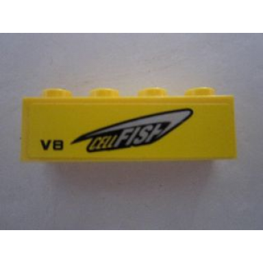 yellow brick 1 x 4 with cellfish and v8 on yellow background pattern model right side sticker - set 8495