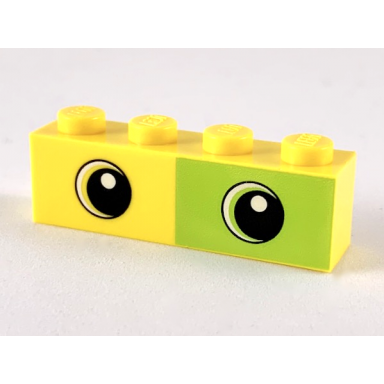yellow brick 1 x 4 with lime rectangle half and two eyes pattern
