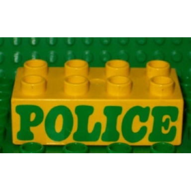 yellow duplo brick 2 x 4 with police pattern