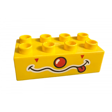 yellow duplo brick 2 x 4 with red nose squiggly mouth and red tongue pattern