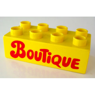 yellow duplo brick 2 x 4 with boutique text pattern