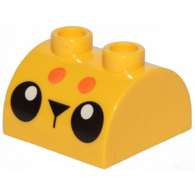 yellow slope curved 2 x 2 double with 2 hollow studs with black eyes triangle nose and 2 orange dots pattern