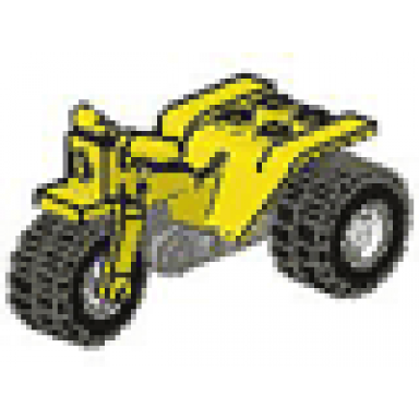 yellow tricycle with dark gray chassis and white wheels - round holes on rear wheels