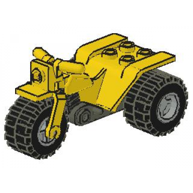 yellow tricycle with dark gray chassis and light gray wheels - notched holes on rear wheels