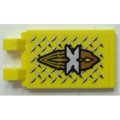 yellow tile modified 2 x 3 with 2 clips angled with silver x island xtreme stunts logo pattern sticker - set 6739