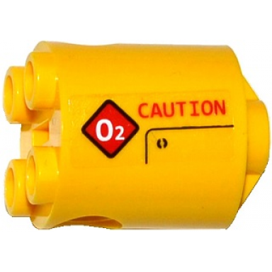 yellow brick round 2 x 2 x 2 robot body with bottom axle holder x shape orientation with red caution and diamond warning sign with white o2 pattern model left side sticker - set 60092