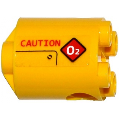 yellow brick round 2 x 2 x 2 robot body with bottom axle holder x shape orientation with red caution and diamond warning sign with white o2 pattern model right side sticker - set 60092