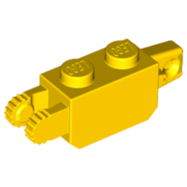 yellow hinge brick 1 x 2 locking with 1 finger vertical end and 2 fingers vertical end