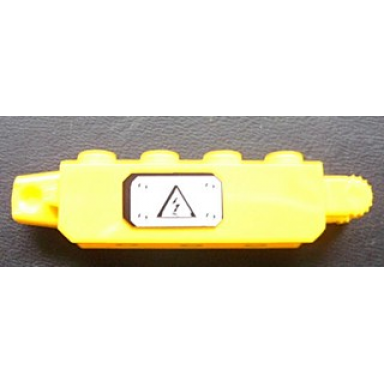 yellow hinge brick 1 x 4 locking with black electricity danger sign on white background pattern model left side sticker - set 7248