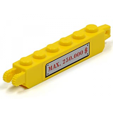 yellow hinge brick 1 x 6 locking with red max 250.000 $ on light bluish gray metal plate pattern sticker - set 5982