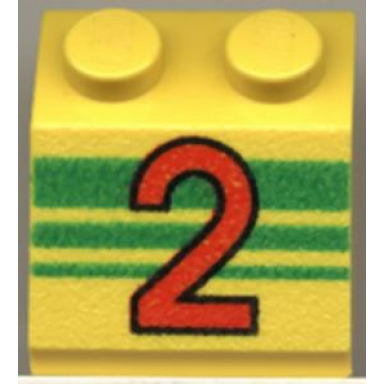 yellow slope 45 2 x 2 with red number 2 and green stripes pattern