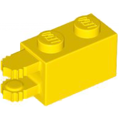 yellow hinge brick 1 x 2 locking with 2 fingers horizontal end