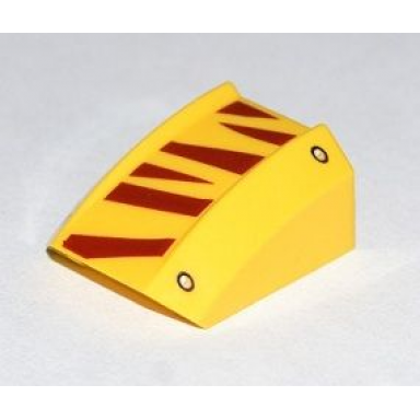 yellow slope curved 2 x 2 lip with rivets and dark red tiger stripes pattern