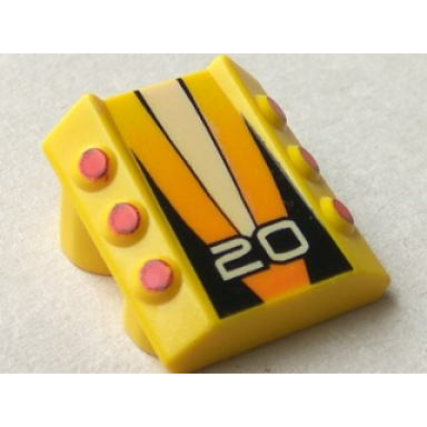 yellow brick modified 2 x 2 no studs sloped with 6 side pistons raised with white 20 on black and orange stripes pattern