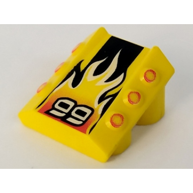 yellow brick modified 2 x 2 no studs sloped with 6 side pistons raised with stylized white 99 and flames on black stripe pattern