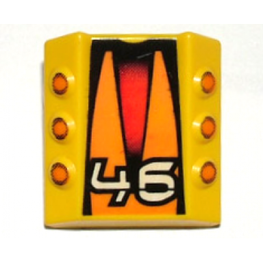 yellow brick modified 2 x 2 no studs sloped with 6 side pistons raised with white 46 on orange black and red background pattern