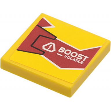 yellow tile 2 x 2 with boost - volatile on dark red and yellow background with black outline on left pattern sticker - set 8113