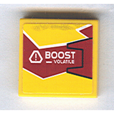 yellow tile 2 x 2 with boost - volatile on dark red and yellow background with black outline on right pattern sticker - set 8113