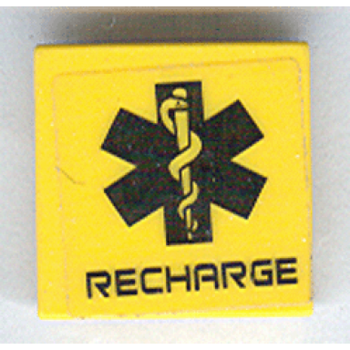 yellow tile 2 x 2 with black emt star of life and recharge pattern sticker - set 7709