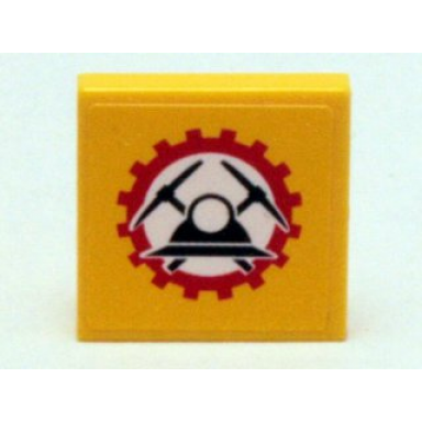 yellow tile 2 x 2 with black helmet with crossed pickaxes in red gear miners logo pattern sticker - set 4204