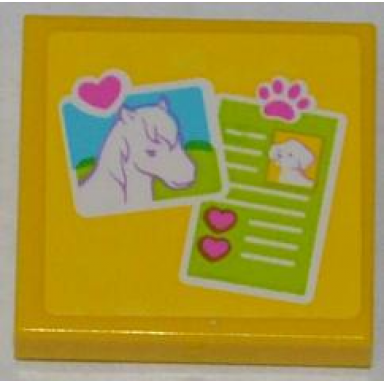 yellow tile 2 x 2 with horse head photo and dog id pattern sticker - set 3188