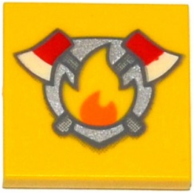 yellow tile 2 x 2 with fire badge and axes pattern