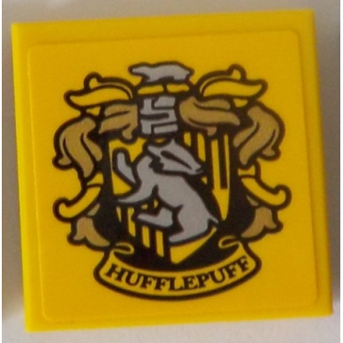 yellow tile 2 x 2 with hp hufflepuff house crest with gold plumes on yellow background pattern sticker - set 71043