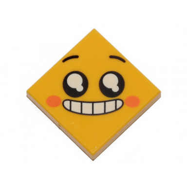 yellow tile 2 x 2 with face smile with teeth and open mouth black eyes with white pupils raised eyebrows orange cheeks pattern