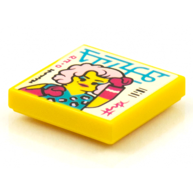 yellow tile 2 x 2 with beatbit album cover - woman with pink hair and magenta gloves pattern