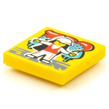 yellow tile 2 x 2 with beatbit album cover - minifigure in white cap and red tank top pattern