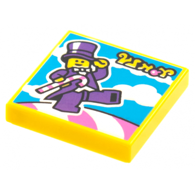yellow tile 2 x 2 with beatbit album cover - minifigure in purple suit with candy cane pattern