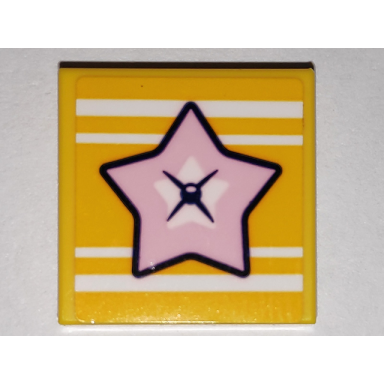 yellow tile 2 x 2 with bright pink star and white stripes pattern sticker - set 41338