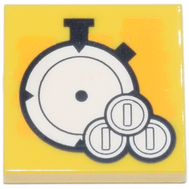 yellow tile 2 x 2 with white stopwatch and coins pattern