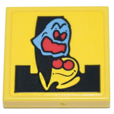 yellow tile 2 x 2 with yellow pac-man and medium blue ghost inky characters with red eyes and open mouth on black maze pattern sticker - set 10323