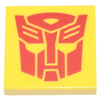 yellow tile 2 x 2 with red robot mask transformers autobot symbol pattern