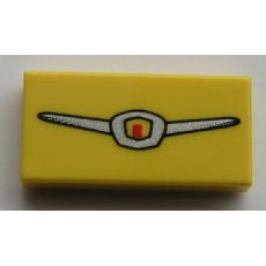 yellow tile 1 x 2 with metallic silver and red emblem pattern