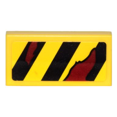 yellow tile 1 x 2 with black danger stripes and dark red rips pattern model left side sticker - set 70592
