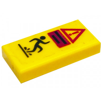 yellow tile 1 x 2 with warning triangle symbol with exclamation mark lines and person slipping in water pattern sticker - set 41318