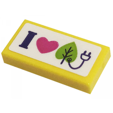 yellow tile 1 x 2 with dark purple letter i dark pink heart lime leaf and power plug pattern sticker - set 41443