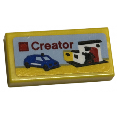 yellow tile 1 x 2 with lego creator set box art blue car police station and black policeman minifigure silhouette pattern sticker - sets 40528 40574