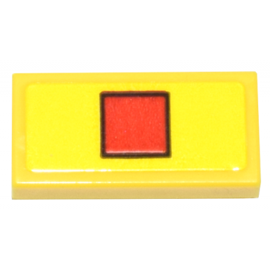yellow tile 1 x 2 with red lego logo square on yellow background shopping bag pattern sticker - set 80036